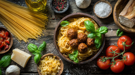 A mouthwatering display of spaghetti and meatballs garnished with fresh basil, tomatoes, garlic, and olive oil on a rustic wooden table, showcasing vibrant colors and textures perfect for a culinary masterpiece.の素材