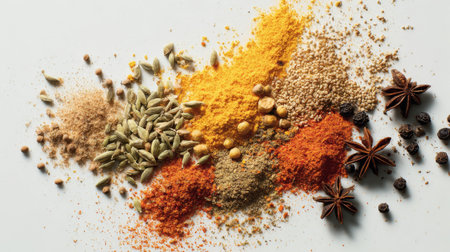 A stunning arrangement of various spices and herbs showcases vibrant colors and textures, ideal for culinary photography, recipe creation, and food styling.の素材
