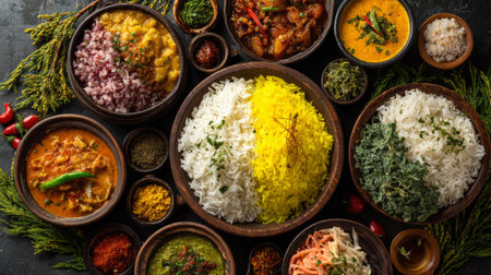 A captivating arrangement of various traditional Indian rice dishes and accompaniments displayed in rustic bowls, showcasing vibrant colors and rich textures.の素材