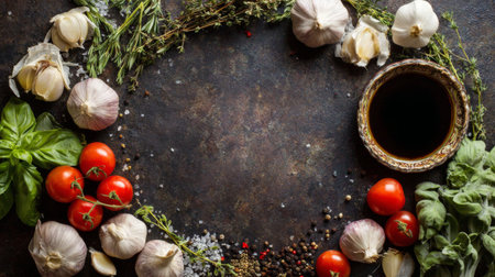 A beautiful arrangement of fresh vegetables and herbs including garlic, tomatoes, and aromatic spices creates a vibrant culinary scene on a rustic table.の素材