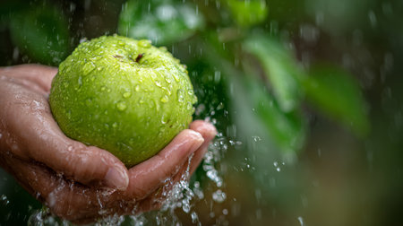 A vibrant green apple held delicately in a hand, surrounded by glistening water drops, representing freshness and a healthy lifestyle amidst nature.の素材