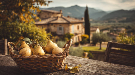 A charming scene featuring fresh pears in a woven basket on a rustic wooden table. The backdrop showcases a beautiful countryside landscape with mountains, evoking a sense of tranquility and natural beauty. Perfect for lifestyle and seasonal themes.の素材