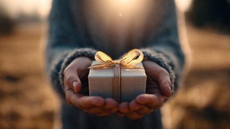 A pair of hands gently holds a beautifully wrapped gift box adorned with a golden ribbon, set against a warm, soft outdoor background that evokes feelings of joy and celebration.の素材