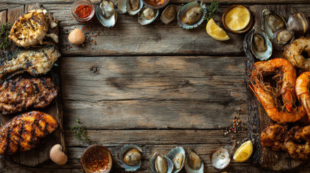 A vibrant seafood display featuring an array of grilled fish, shellfish, and spices arranged on a rustic wooden surface. Perfect for culinary inspiration.の素材