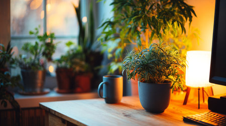 A serene workspace featuring a potted plant, a coffee mug, and warm lighting creates a cozy atmosphere, perfect for productivity and relaxation.の素材