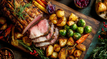 A stunning display of a herb-crusted roast with perfectly roasted vegetables and colorful garnishes, ideal for festive holiday gatherings and culinary events.の素材