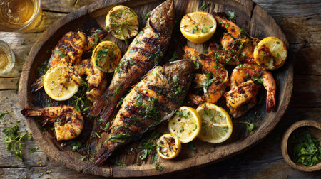 A beautifully arranged grilled seafood platter featuring fish and shrimp, garnished with fresh herbs and lemon slices on a rustic wooden table. Perfect for summer dining.の素材
