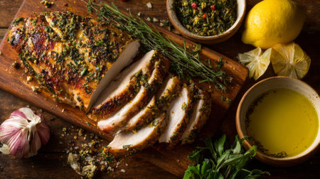 A beautifully prepared herb-crusted roast chicken breast showcased on a rustic wooden board, garnished with fresh herbs, lemon, and spices, perfect for delicious meals.の素材