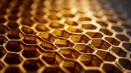 An intricate close-up of a honeycomb structure showcasing golden textures. The play of light and shadow enhances the geometric design, creating an organic yet abstract visual.の素材