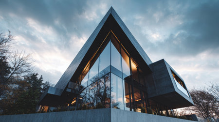 This stunning image showcases a modern house with sharp angular shapes and expansive glass windows, nestled amidst nature. The dramatic cloud-filled sky enhances the architectural features.の素材