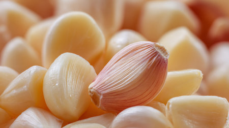 This close-up image showcases raw garlic cloves with one distinctive pinkish clove, perfect for culinary use and highlighting natural ingredients.の素材