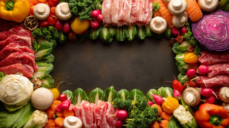 A vibrant array of fresh vegetables and meats beautifully arranged around a dark surface, perfect for culinary projects and food photography inspiration.の素材