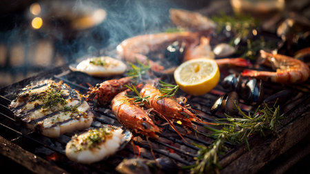 A vibrant scene of various seafood grilled to perfection over an open flame, featuring shrimp, fish, and herbs garnished with fresh lemon, creating a culinary delight.の素材