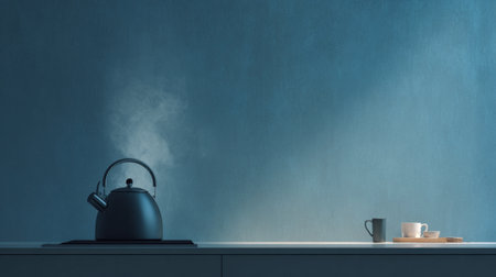 A modern kitchen scene featuring a black kettle on a countertop, softly steaming against a serene blue wall, evoking a cozy atmosphere for beverage lovers.の素材