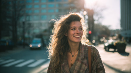 A joyful young woman with curly hair stands on a city street during a sunny day, radiating happiness. The vibrant urban backdrop enhances the cheerful atmosphere, conveying a sense of freedom and style.の素材
