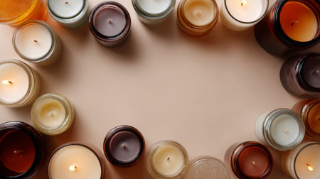 A stunning arrangement of various scented candles, each glowing softly, creates a cozy and inviting atmosphere suitable for home decor, relaxation, and ambiance enhancement.の素材