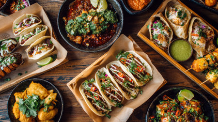 Experience a vibrant spread of delicious tacos and various Mexican dishes, showcasing fresh ingredients and stunning presentation for an appetizing meal.の素材
