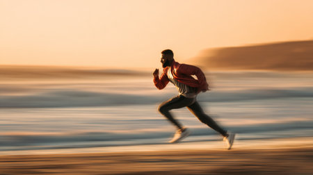 A male runner captures the essence of motion on a beach during sunset, showcasing energy and determination against the beautiful waves and warm light.の素材