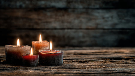 A serene arrangement of rustic candles on a weathered wooden table creates a warm and inviting glow, ideal for enhancing cozy atmospheres and relaxation.の素材