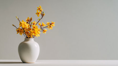 A stunning arrangement of bright yellow flowers in a simple white vase on a minimalist table, showcasing beauty and elegance in a soft, neutral environment.の素材