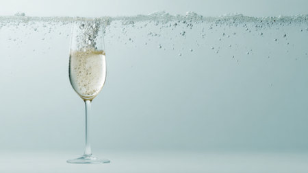 A close-up image of a glass filled with a sparkling beverage showcasing rising bubbles against a soft, clear background, perfect for celebration themes.の素材