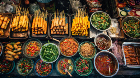 Discover a lively street food market filled with colorful skewered snacks, fresh vegetables, and tantalizing sauces, showcasing rich culinary traditions.の素材