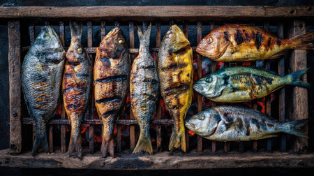 This vibrant image showcases a variety of freshly grilled fish arranged beautifully on a wooden grill, highlighting rich colors and textures. Perfect for culinary inspiration.の素材