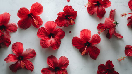 A stunning display of vibrant red hibiscus flowers elegantly arranged on a light background, perfect for nature or floral themed projects and designs.の素材