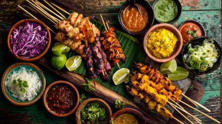 A stunning overhead view of assorted grilled skewers served with vibrant dips and fresh ingredients on a rustic wooden table. Ideal for food enthusiasts.の素材