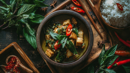 A beautifully arranged Thai curry featuring vibrant colors, fresh herbs, and spices, set on a rustic wooden table alongside rice and chili.の素材