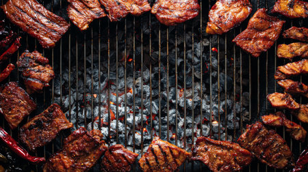 A vibrant display of various grilled meats over glowing charcoal, showcasing delicious textures and flavors ideal for any outdoor barbecue event.の素材