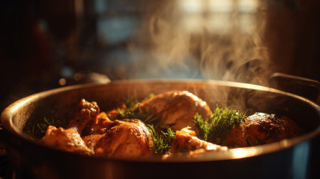 This image captures the essence of cooking with juicy chicken pieces surrounded by fragrant herbs, creating an inviting and cozy kitchen atmosphere.の素材