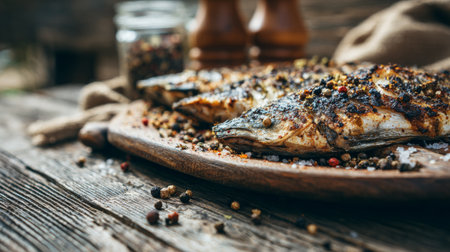 A beautifully grilled fish with a crust of spices rests on a rustic wooden table. Surrounded by various seasonings, this dish embodies the essence of fresh, healthy seafood. Perfect for culinary inspiration!の素材