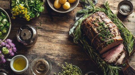 This image captures a beautifully arranged rustic table featuring a roast meat centerpiece surrounded by vibrant vegetables, herbs, and more, creating an inviting dining experience.の素材