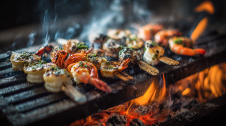 A vibrant display of grilled shrimp skewers sizzling over an open flame, showcasing herbs and spices, perfect for summer cookouts or delicious dinners.の素材