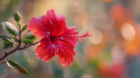 A striking close-up of a vibrant red hibiscus flower against a softly blurred background, showcasing its rich color and delicate petals in a serene garden setting.の素材