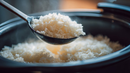A close-up view of freshly cooked fluffy rice in a slow cooker, with steam rising, served with a wooden spoon, showcasing home cooking comfort.の素材