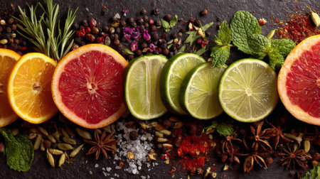 This beautiful composition showcases a variety of citrus fruits alongside fresh herbs and colorful spices on a slate surface, perfect for culinary inspiration.の素材