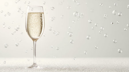 A stylish glass of sparkling wine sits against a soft light background, surrounded by floating bubbles, evoking a sense of celebration and elegance. Perfect for special events.の素材