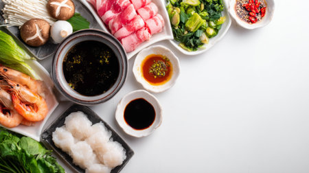 A vibrant display of fresh seafood, vegetables, and flavorful sauces arranged for Asian hot pot dining. Perfect for culinary inspiration.の素材