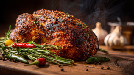 This captivating image features a perfectly roasted chicken with crispy skin, surrounded by fresh herbs, garlic, and colorful chili peppers, showcasing culinary art.の素材