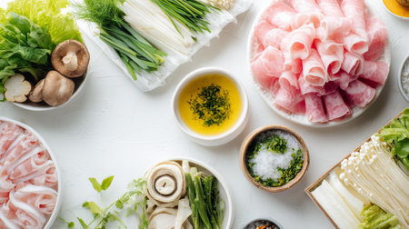 A vibrant flat lay of fresh Asian cooking ingredients, featuring vegetables, raw meat, noodles, and sauces, ideal for culinary enthusiasts.の素材