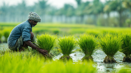 A dedicated farmer planting rice seedlings in a lush green field, showcasing the beauty of agricultural practices in a serene rural landscape.の素材