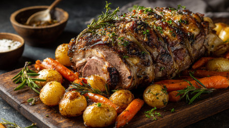 A beautifully arranged platter featuring succulent roasted meat, tender carrots, and golden potatoes, enhanced with fresh herbs for a delightful meal.の素材
