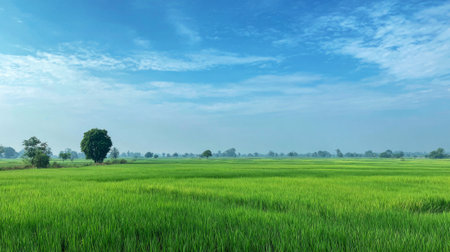 A stunning view of a lush green rice field stretches across the landscape, framed by a serene blue sky and gentle clouds, evoking a sense of peace.の素材