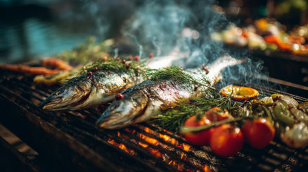 A vibrant scene showcasing fresh fish grilling over charcoal, surrounded by aromatic herbs and colorful vegetables, perfect for outdoor gatherings.の素材