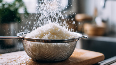 A vibrant scene of freshly cooked rice being rinsed in a colander, with water splashing around, emphasizes the art of cooking and meal preparation.の素材