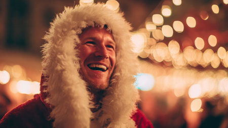 A joyful man dressed in a Santa costume beams with happiness as he stands amidst warm, glowing holiday lights during a festive celebration.の素材
