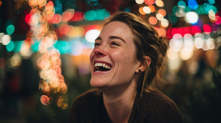 A vibrant image of a joyful woman laughing amidst a backdrop of colorful festive lights, capturing the magic of the holiday season and moments of happiness.の素材