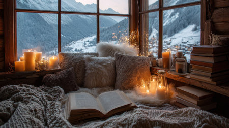 A cozy reading nook featuring soft pillows and blankets, illuminated by warm candles, offers a serene winter view through a large window in a mountain cabin.の素材